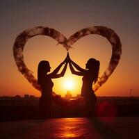 silhueta do dois meninas dentro a forma do uma coração em a fundo do a pôr do sol generativo ai foto