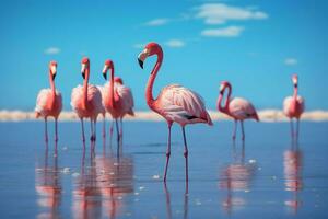 selvagem africano pássaros. grupo pássaros do Rosa africano flamingos caminhando por aí a azul lagoa em uma ensolarado dia. ai gerado foto