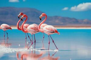 selvagem africano pássaros. grupo pássaros do Rosa africano flamingos caminhando por aí a azul lagoa em uma ensolarado dia. ai gerado foto