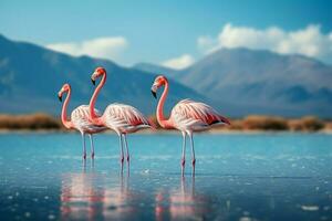 selvagem africano pássaros. grupo pássaros do Rosa africano flamingos caminhando por aí a azul lagoa em uma ensolarado dia. ai gerado foto