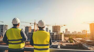 o negócio homem construção engenheiros supervisionar progresso do construção projeto às construção local ai gerar foto