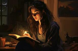 jovem mulher lendo uma livro em uma sofá de velas ai generativo foto