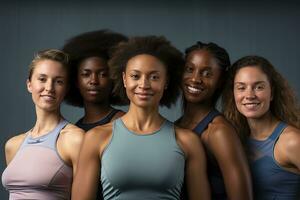 feliz, retrato mulheres dentro Esportes vestuário posando. multicultural modelos ai generativo foto