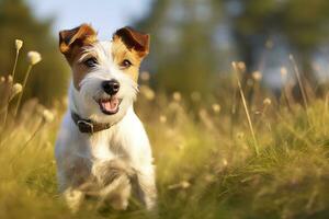 feliz jack russell terrier animal cachorro esperando, ouvindo dentro a grama. ai gerado foto
