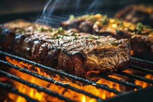 carne grelhar em uma carvão grade com fumaça ascendente. ai gerado foto