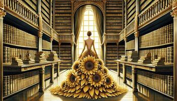 a ilustração do uma grande biblioteca com com bordas douradas livros, apresentando uma mulher dentro a Centro vestindo uma inspirado no girassol vestido. ai gerado foto