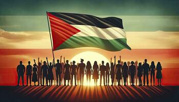 ilustração do silhuetas do diverso pessoas em pé lado de lado, orgulhosamente segurando a bandeira do Palestina contra uma pano de fundo do uma configuração Sol. ai gerado foto