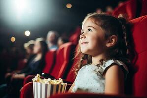 Maravilhoso pequeno menina assistindo cinema, comendo Pipoca e sorridente. foto