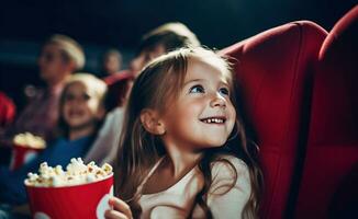 Maravilhoso pequeno menina assistindo cinema, comendo Pipoca e sorridente. foto