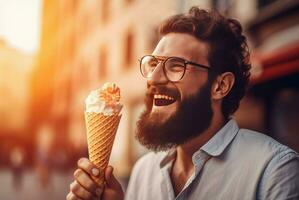 feliz homem comer gelo creme cone às rua. gerar ai foto