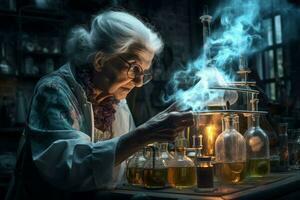 meticuloso velho químico mulher dentro velho laboratório. gerar ai foto