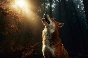 cachorro Raposa uivando dentro Sombrio floresta. gerar ai foto