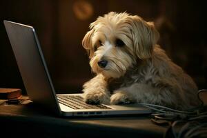 inesperado cachorro olhando computador portátil. gerar ai foto