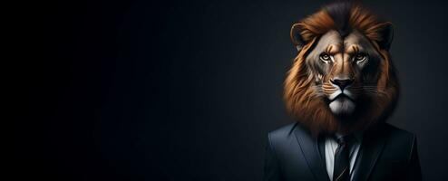 retrato do humanóide antropomórfico leão vestindo homem de negocios patrão terno dentro Preto fundo para cópia de espaço bandeira ai generativo foto