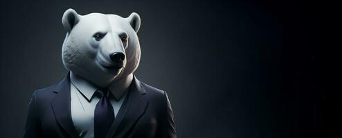 retrato do humanóide antropomórfico branco polar Urso vestindo homem de negocios terno dentro Preto fundo para cópia de espaço bandeira ai generativo foto