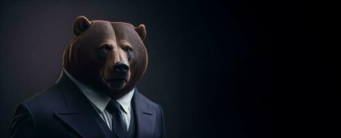 retrato do humanóide antropomórfico Urso vestindo homem de negocios terno dentro Preto fundo para cópia de espaço bandeira ai generativo foto