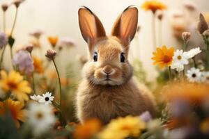 ai criada uma coelhos sentado perto uma margarida flor, Sol luz ai criada foto