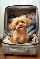 ai criada fofa feliz cachorro sentado dentro a aberto ampla mala de viagem foto