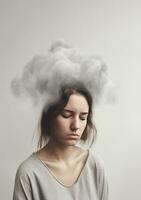lindo triste mulher depressivo, ai generativo. acima dela cabeça uma Grosso cinzento nuvem névoa foto