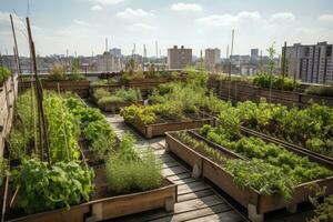 urbano Fazenda. ai generativo. cobertura topo urbano agricultura orgânico jardim com vários legumes plantas, ilustrando a potencial para verde espaços dentro cidade ambientes foto