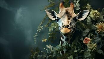 girafa em pé dentro Prado, olhando às Câmera, cercado de natureza gerado de ai foto