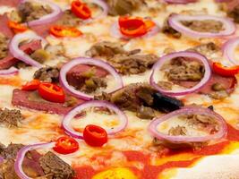 pizza com carne, cogumelos, tomates, queijo e pimentas em branco prato foto