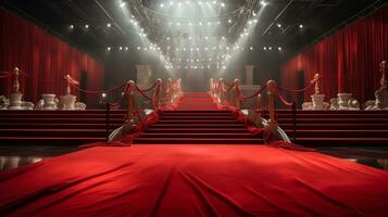 linhas do pessoas caminhando em vermelho tapete dentro teatro, filme pré estreia, etapa ou mostrar conceito generativo ai foto