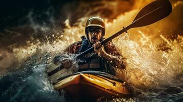 caiaque remar turbulento água Branca corredeiras em uma montanha rio. generativo ai. foto