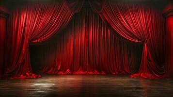 dramaticamente aceso brilhante vermelho veludo teatro cortinas e de madeira etapa chão. generativo ai. foto