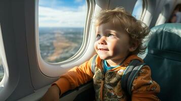 jovem Garoto criança desfrutando a avião voo. generativo ai. foto