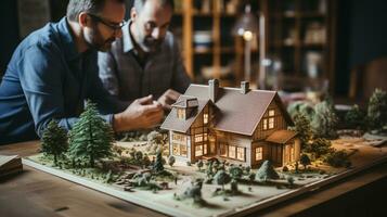 arquitetos trabalhando juntos montagem uma pequeno escala modelo habitação desenvolvimento em a mesa. generativo ai. foto