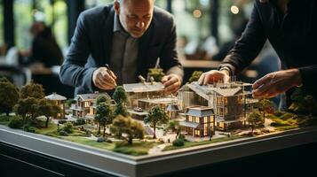 arquitetos trabalhando juntos montagem uma pequeno escala modelo habitação desenvolvimento em a mesa. generativo ai. foto