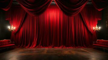 dramaticamente aceso brilhante vermelho veludo teatro cortinas e de madeira etapa chão. generativo ai. foto