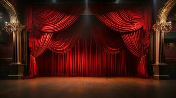 dramaticamente aceso brilhante vermelho veludo teatro cortinas e de madeira etapa chão. generativo ai. foto