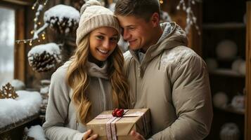 uma feliz jovem casal segurando uma embrulhado Natal presente ao ar livre dentro uma luz queda de neve. generativo ai. foto