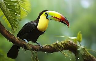 castanha mandíbula tucano sentado em a ramo dentro tropical chuva com uma verde selva. generativo ai foto