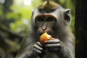 fechar acima do macaco comendo fruta dentro a selva. generativo ai foto