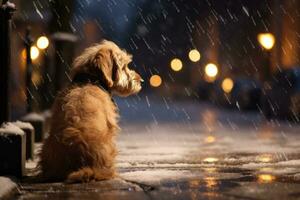 fofa pequeno cachorro dentro a chuva em a rua às noite. foto