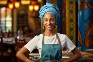 muçulmano mulher dentro avental e turbante às restaurante foto