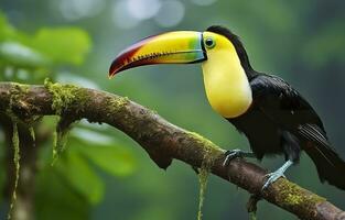 castanha mandíbula tucano sentado em a ramo dentro tropical chuva com uma verde selva. generativo ai foto