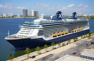 cruzeiro navio celebridade infinidade ancorado dentro porta pântano, ft Lauderdale, florida. generativo ai foto