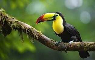 castanha mandíbula tucano sentado em a ramo dentro tropical chuva com uma verde selva. generativo ai foto