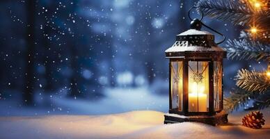 Natal lanterna em neve com abeto ramo dentro tarde cena. generativo ai foto