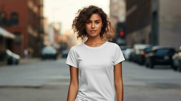 mulher posando e vestindo branco tee camisa brincar posicionamento em a rua. camisa brincar modelo foto