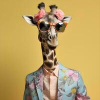 a legal girafa vestindo terno roupas e copos, moderno fundo. conceito elegante animais. generativo ai. foto