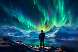 a alpinista parece com admiração às a norte luzes ou aurora fenômeno. generativo ai. foto