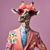 a legal girafa vestindo terno roupas e copos, moderno fundo. conceito elegante animais. generativo ai. foto