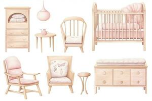 aguarela conjunto do suave Rosa bebê mobília dentro uma escandinavo estilo, apresentando natural materiais e minimalismo. foto