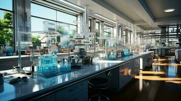 moderno científico químico médico pesquisa laboratório com equipamento e frascos para conduzindo pesquisa e teste experimentos foto