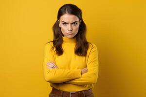 retrato do triste mulher com guardada braços olhando às Câmera sobre amarelo fundo foto